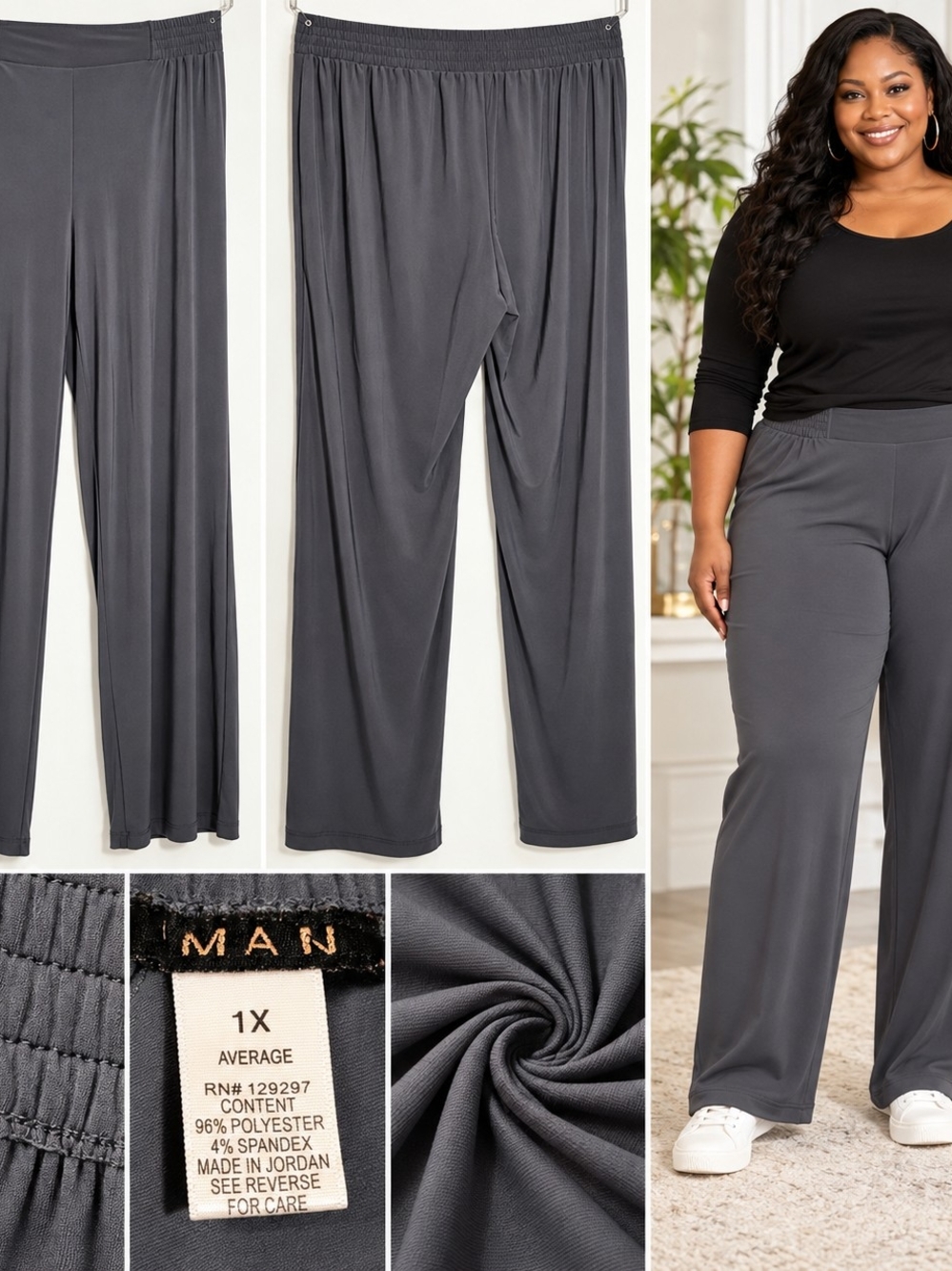 IMAN 1X Gray Stretch Pull-On Straight Leg Pants Elastic Waist